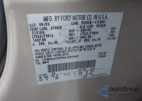 2004 Ford Excursion Limited из США, поврежденный, VIN 1FMSU43P94EA89469